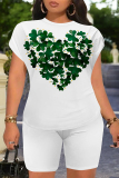 Green Orange Casual Letter Print Cartoon Four Leaf Clover O Neck Short Sleeve Two Pieces