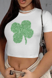 Light Green Casual Print Four Leaf Clover Shamrock Contrast O Neck T-Shirts