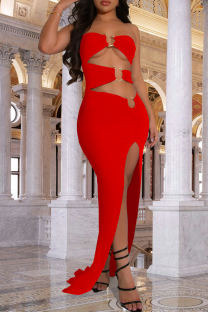Red Sexy Solid Color Hollow Out Metal Accessories Trim High Slit Strapless Long Dresses