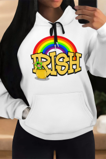 White Casual Graffiti Print Letters Draw String Pocket Hooded Tops