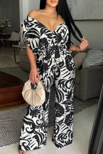 Black Casual Print Strap Design V Neck Loose Jumpsuits