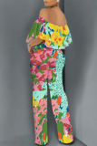 Blue Sexy Floral Print Pocket Flounce Off Shoulder Loose Jumpsuits