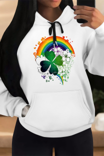 White Blue Casual Graffiti Print Letters Draw String Pocket Hooded Tops