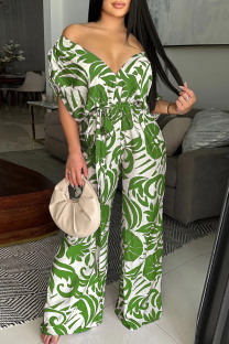 Green Casual Print Strap Design V Neck Loose Jumpsuits