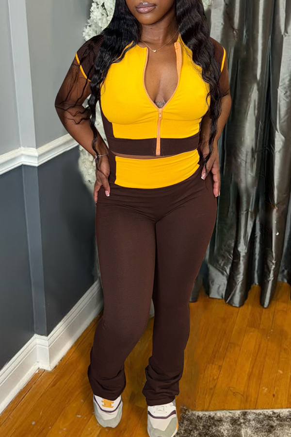 Brown Yellow Casual Zipper Contrast Zipper Collar Short Sleeve Two Pieces
