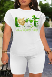Green Orange Casual Letter Print Cartoon Four Leaf Clover O Neck Short Sleeve Two Pieces