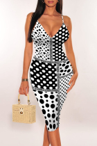 White Black Sexy Polka Dot Flowers Print Contrast V Neck Printed Dresses