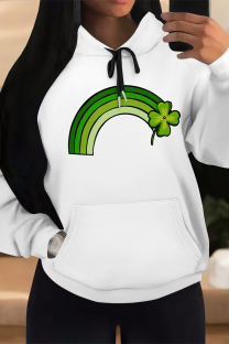Light Green Casual Graffiti Print Letters Draw String Pocket Hooded Tops