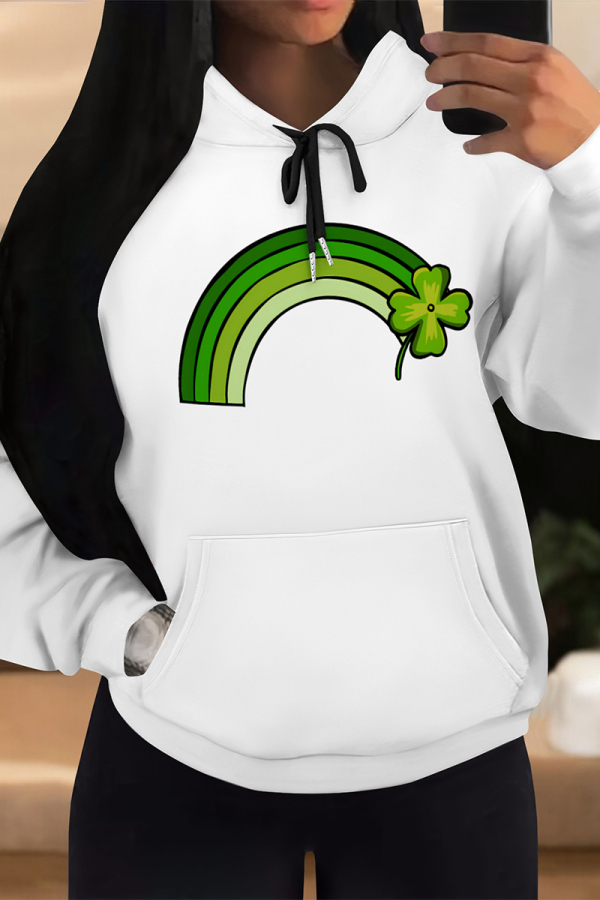 Light Green Casual Graffiti Print Letters Draw String Pocket Hooded Tops