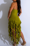 Olive Green Sexy Solid Color Backless Stringy Selvedge Tassel Halter Irregular Plus Size Dresses