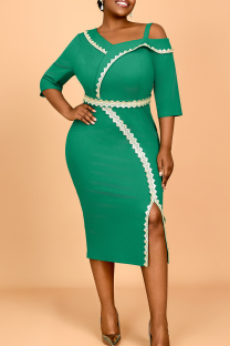 Green Elegant Solid Color Slit Wrapped Skirt Plus Size Dresses