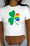 Light Green Casual Print Four Leaf Clover Shamrock Contrast O Neck T-Shirts