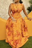 Orange Yellow Elegant Print Zipper O Neck Long Dresses