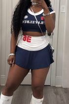 Deep Blue Sexy Sportswear Letters Solid Color V Neck Short Sleeve Two Pieces