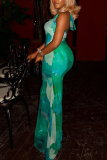 Green Elegant Print Backless Strap Design Halter Sleeveless Two Pieces