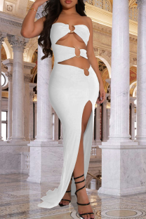 White Sexy Solid Color Hollow Out Metal Accessories Trim High Slit Strapless Long Dresses