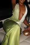 Green Elegant Gradient Color Ruched Deep V Neck Long Dresses