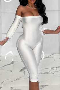 White Sexy Solid Color Feathers Off Shoulder Skinny Jumpsuits