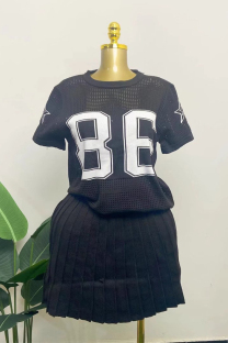 Black Sportswear Letters See-Through Contrast O Neck Short Sleeve Two Pieces