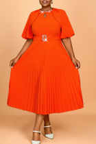 Orange Elegant Solid Color With Belt Pleated O Neck Long Plus Size Dresses
