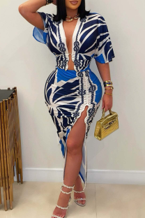 Blue Sexy Print High Slit Ruched Deep V Neck Wrapped Skirt Dresses
