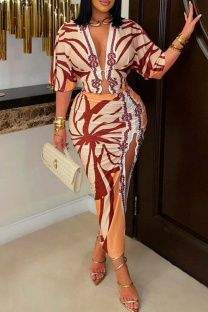 Brick Red Sexy Print High Slit Ruched Deep V Neck Wrapped Skirt Dresses