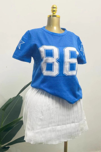 Blue Sportswear Letters See-Through Contrast O Neck Short Sleeve Two Pieces