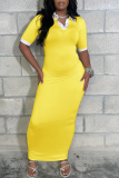 Coffee Casual Patchwork Contrast Turndown Collar Long Dresses