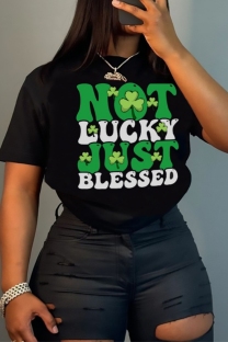 Black Casual Letter Print Shamrock Basic O Neck T-Shirts