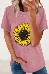 Pink Casual Print Flowers O Neck T-Shirts