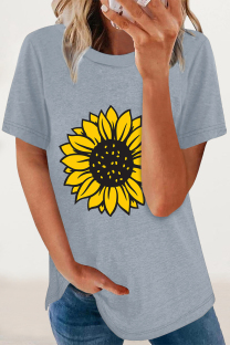 Gray Blue Casual Print Flowers O Neck T-Shirts