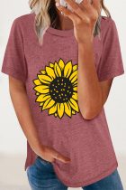 Purplish Red Casual Print Flowers O Neck T-Shirts