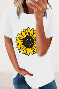 White Casual Print Flowers O Neck T-Shirts