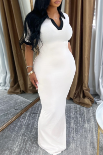 White Casual Patchwork Contrast Turndown Collar Long Dresses