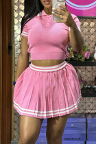 Pink Casual Stripe Buttons Patchwork Turndown Collar Short Sleeve Two Pieces