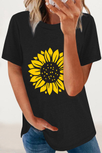 Black Casual Print Flowers O Neck T-Shirts