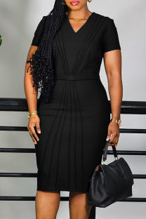 Black Casual Solid Color Patchwork V Neck Long Dresses