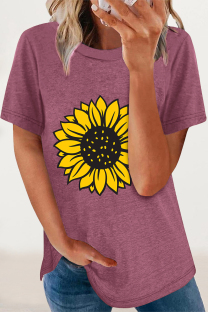 Burgundy Casual Print Flowers O Neck T-Shirts