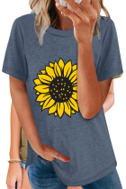 Dark Blue Casual Print Flowers O Neck T-Shirts