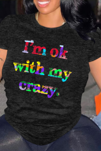 Black Casual Letter Print Gradient O Neck Tops