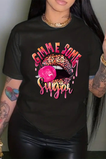 Black Casual Lips Print Letters O Neck T-Shirts