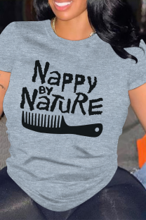 Grey Casual Letter Print O Neck Tops