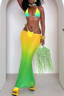 Green Sexy Hot Print Backless Belted Swimsuit Three Piece Set