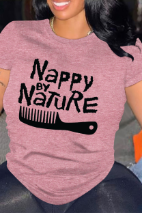 Pink Casual Letter Print O Neck Tops