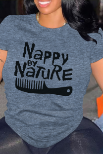 Dark Blue Casual Letter Print O Neck Tops
