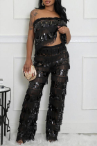 Black Sexy Casual Patchwork Fringed Trim Sequins See-Through Backless Strapless Sleeveless Two Pieces