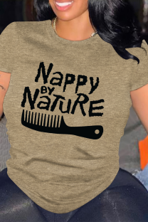 Khaki Casual Letter Print O Neck Tops
