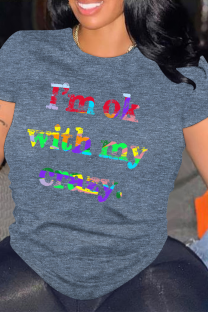 Dark Blue Casual Letter Print Gradient O Neck Tops