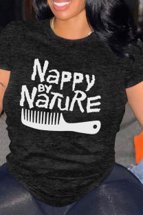 Black Casual Letter Print O Neck Tops