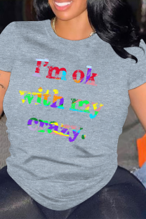 Grey Casual Letter Print Gradient O Neck Tops